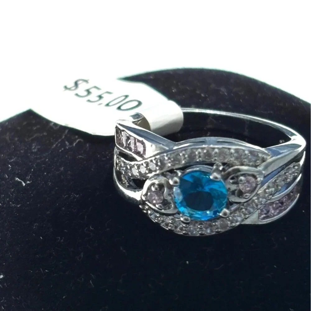 Sterling Silver Ring With Blue & Pink Stones Size  8.5  Elegant Design For Women - Picture 2 of 4